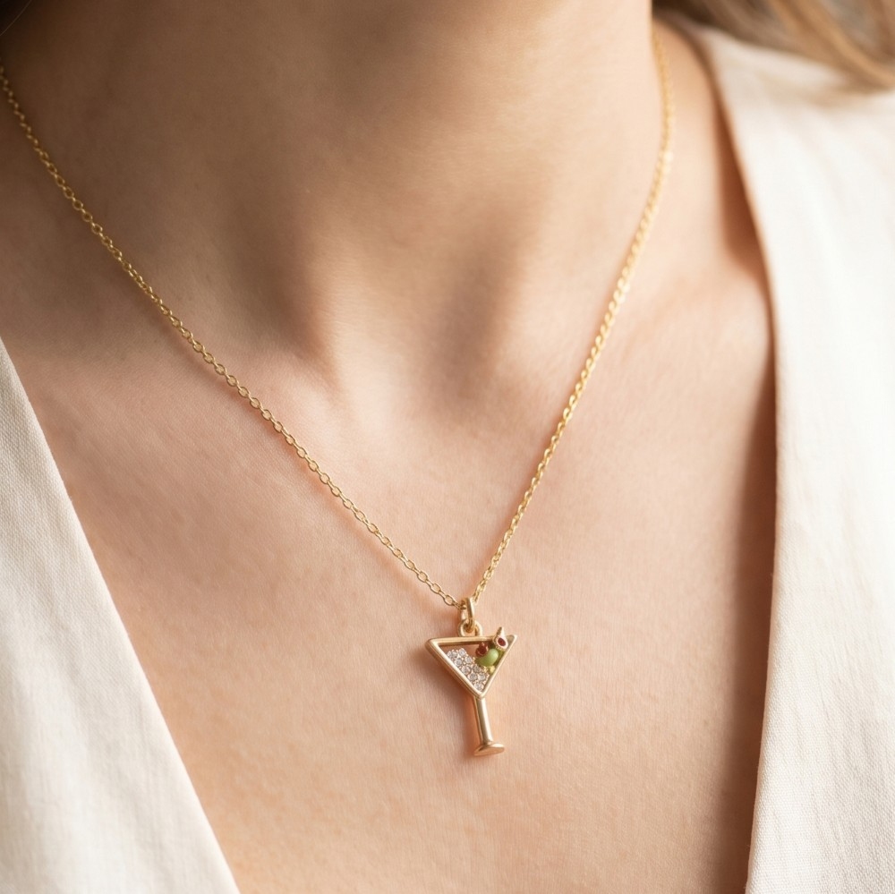14K Gold Dipped Cz Martini Pendant Necklace