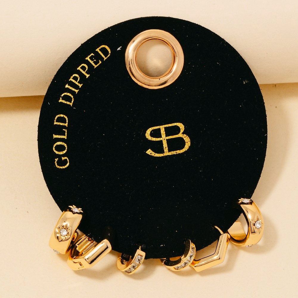 Secret Box Gold Dipped 3 Pair Mixed Cz Hoop Earrings Set