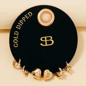 Secret Box Gold Dipped 3 Pair Cz Heart Hoop Earrings Set