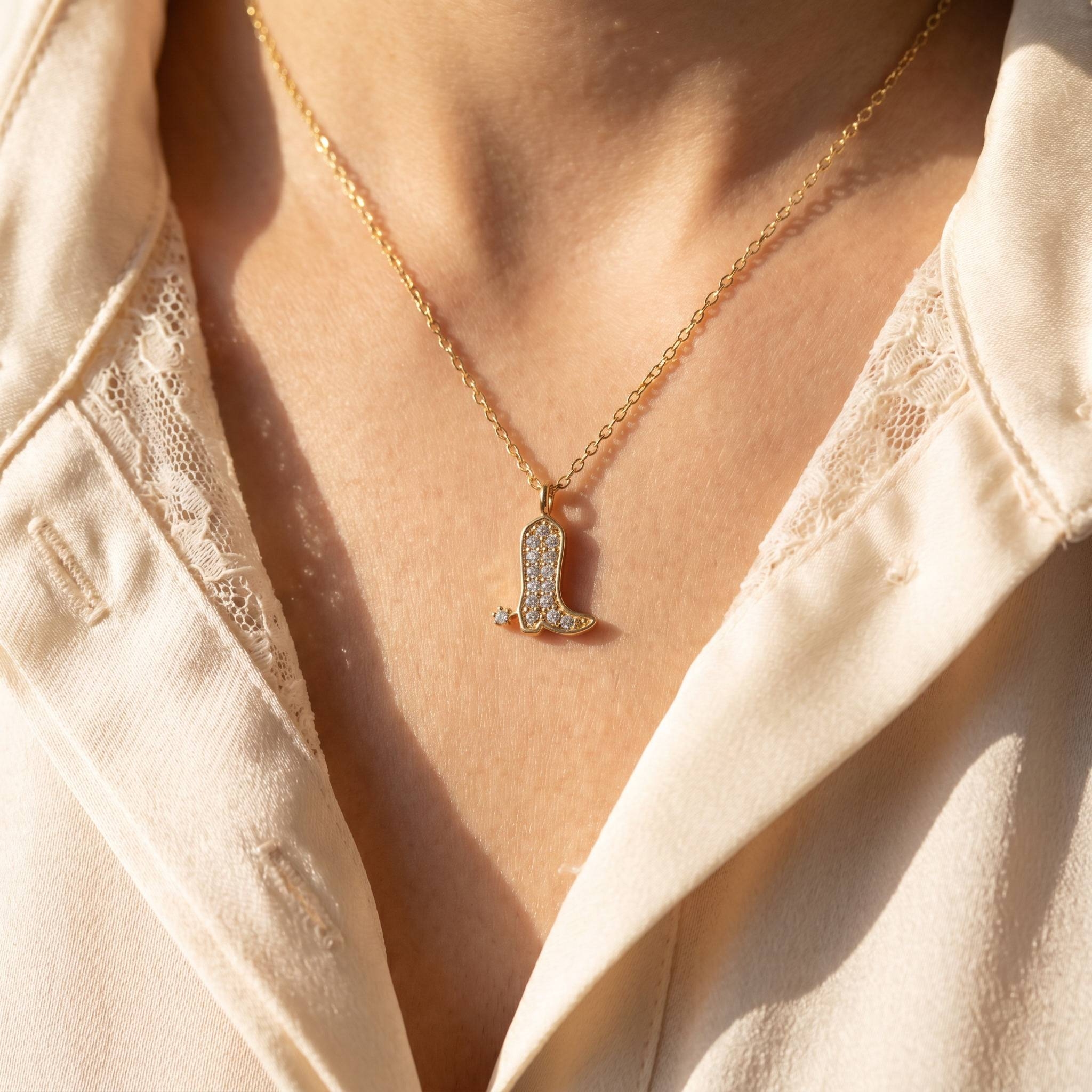 Secret Box Pave Western Cowboy Boot Pendant Necklace