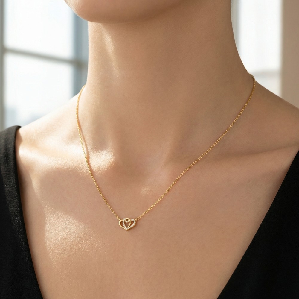 Secret Box Gold Dipped Double Heart Link Pendant Necklace