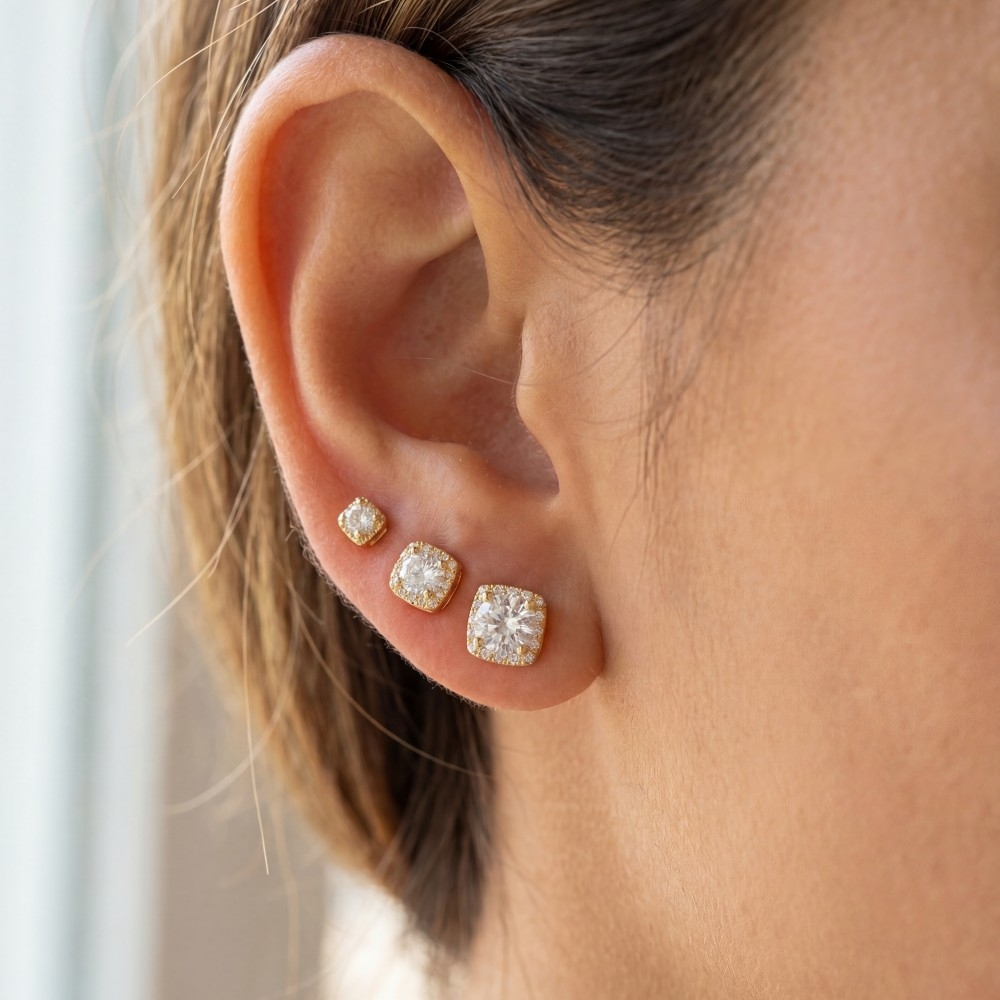 Secret Box Gold Dipped Square Halo Set Stud Earrings Set