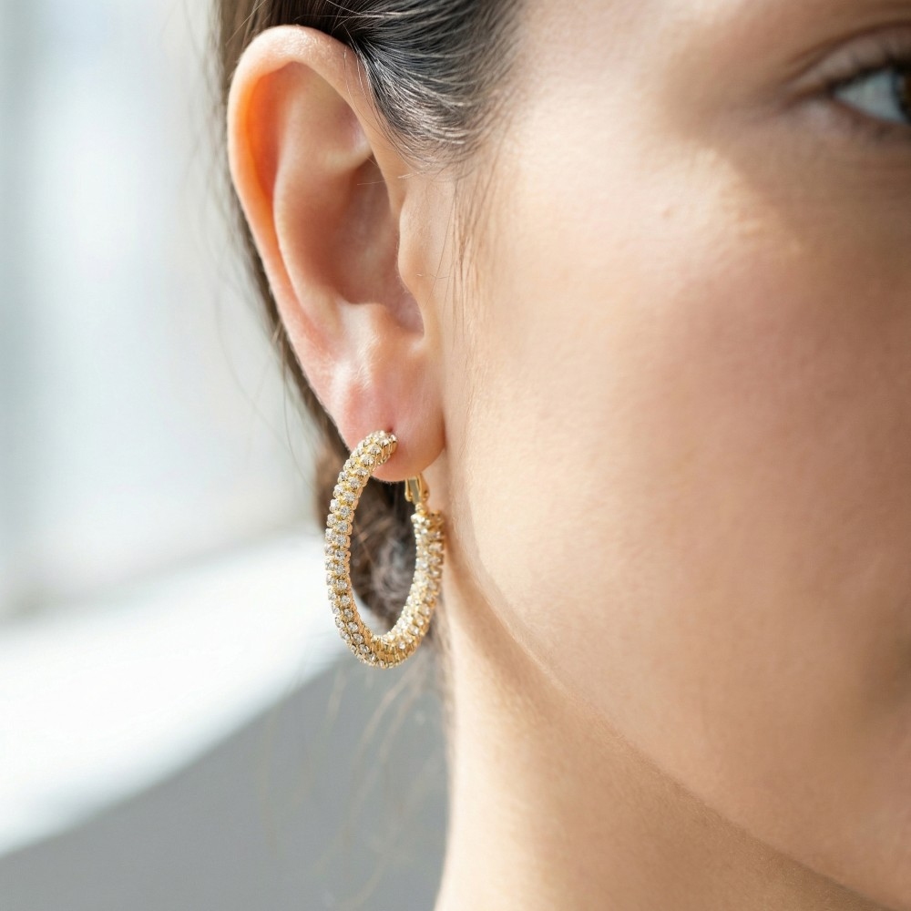 Secret Box Gold Dipped Cz Pave Hoop Earrings