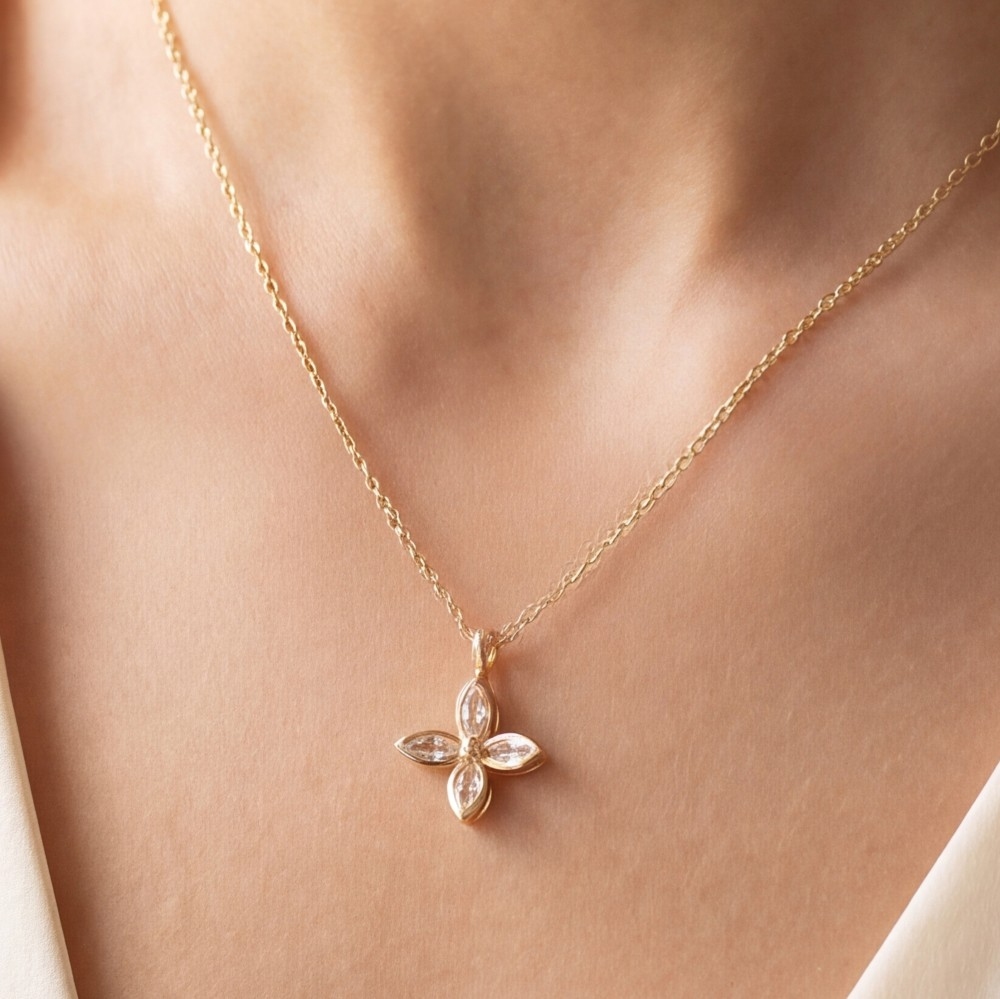 14K Gold Dipped Cz Marquise Flower Necklace