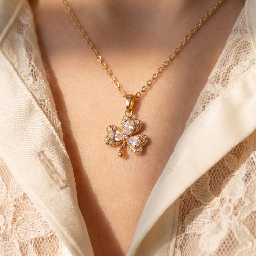 Gold Dipped Cz Shamrock Clover Pendant Necklace