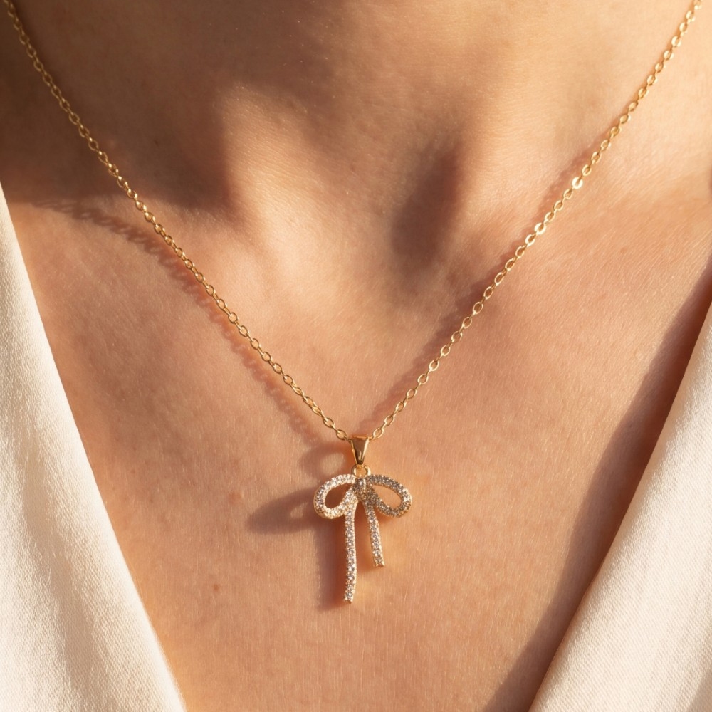 14K Gold Dipped Cz Bow Pendant Necklace