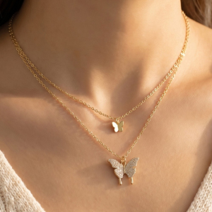 14K Gold Dipped Cz Butterfly Layered Necklace