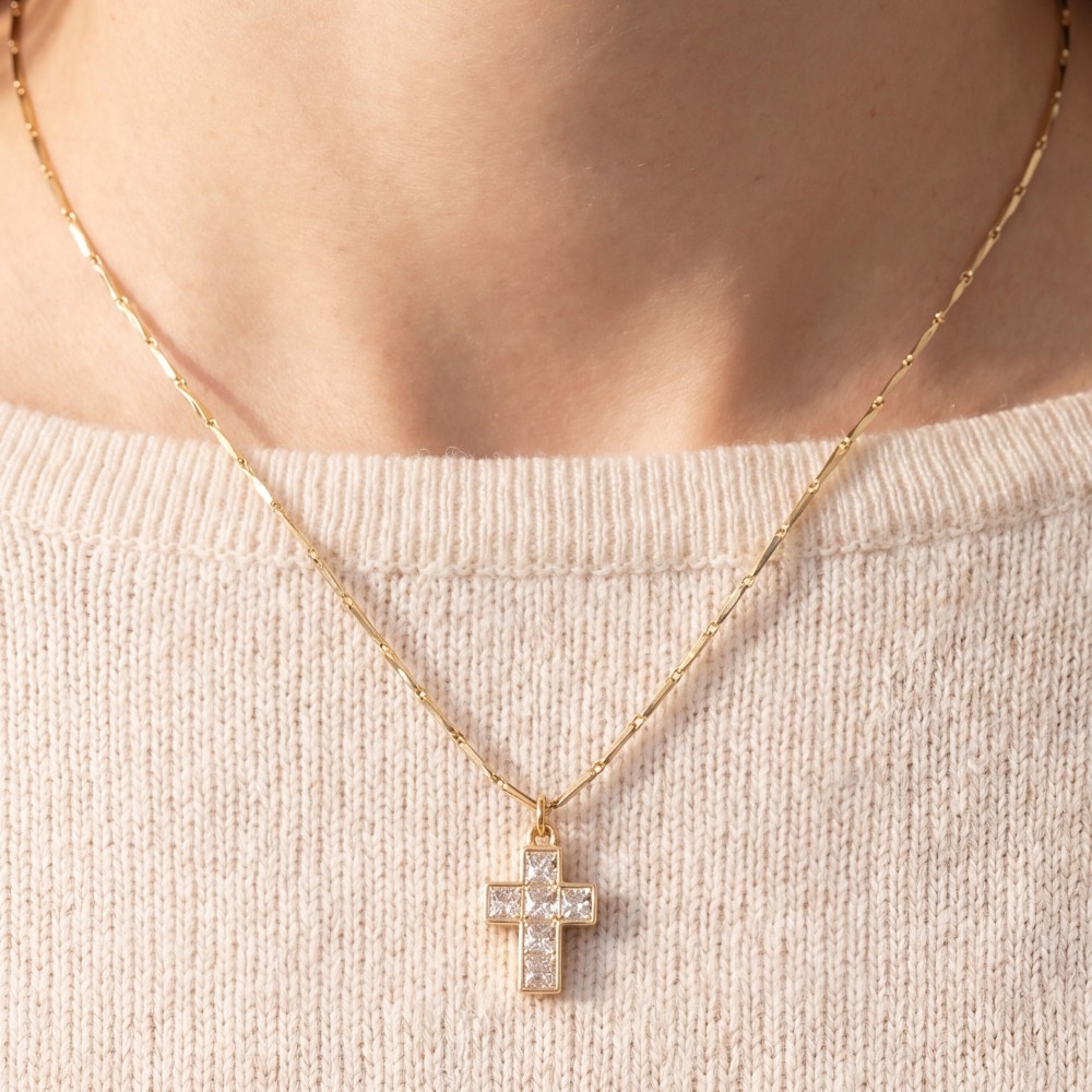 14K Gold Dipped Cz Square Cross Necklace
