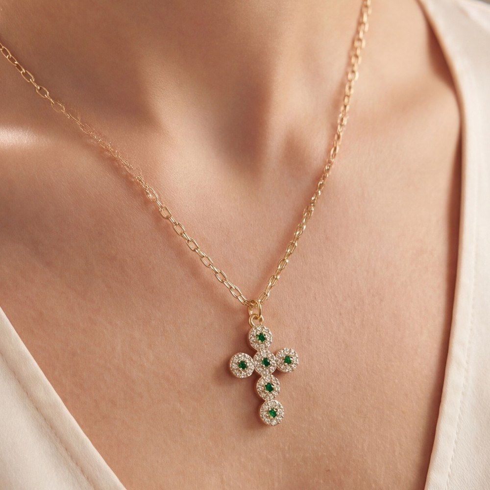 14K Gold Dipped Cz Emerald Cross Necklace