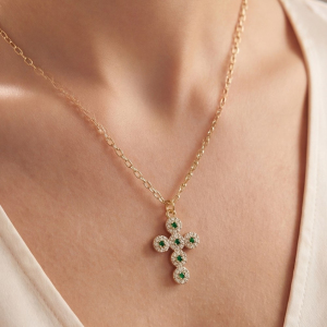 14K Gold Dipped Cz Emerald Cross Necklace