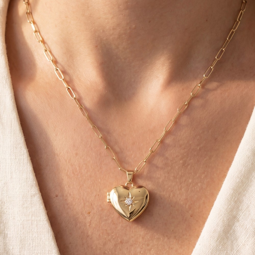 14K Gold Dipped Cz Heart Locket Necklace