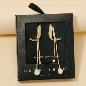 Secret Box Gold Dipped Cz Pave Band And Chain Stud Drop Earrings