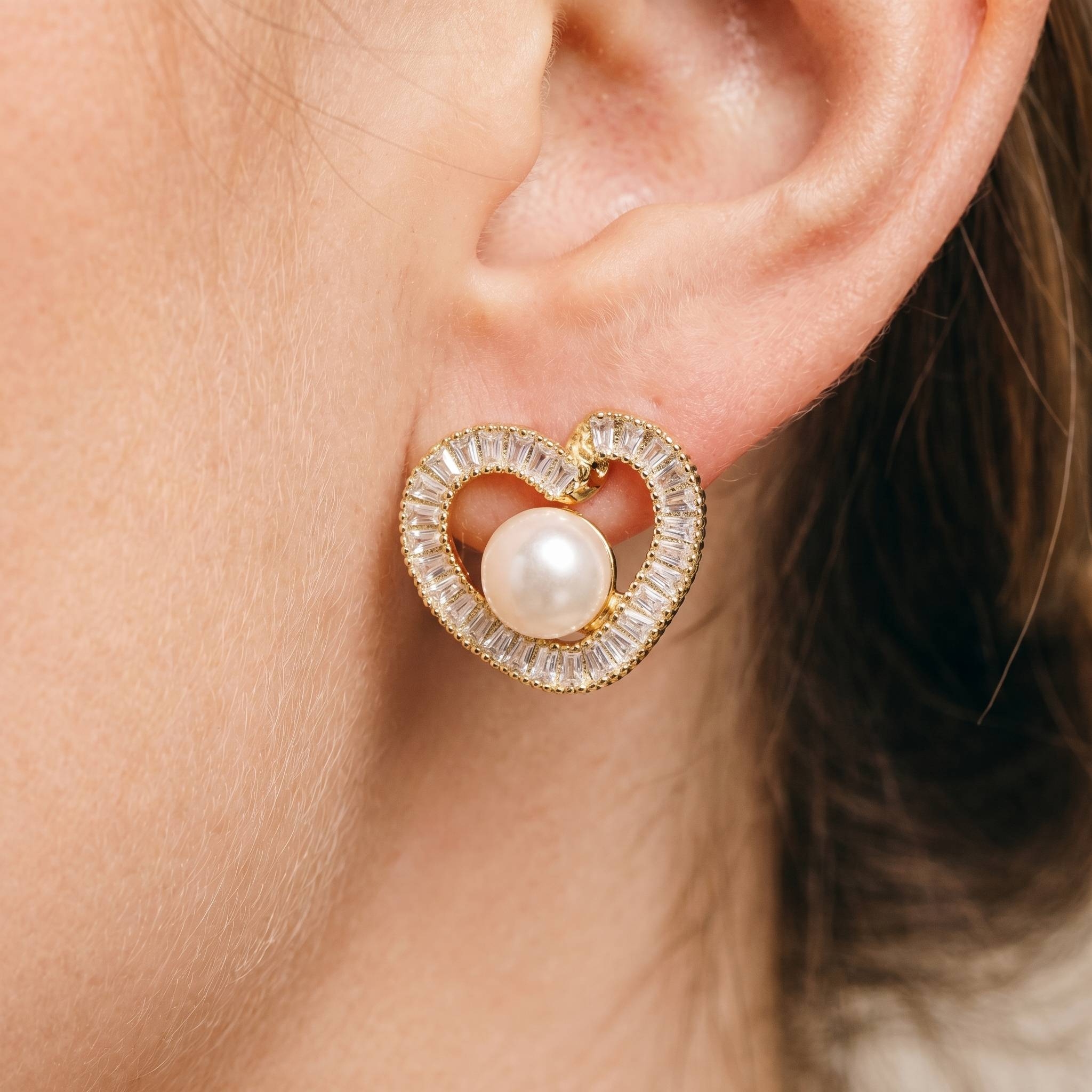 Gold Dipped Cz Pave Heart And Pearl Stud Earrings