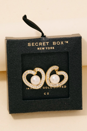 Gold Dipped Cz Pave Heart And Pearl Stud Earrings