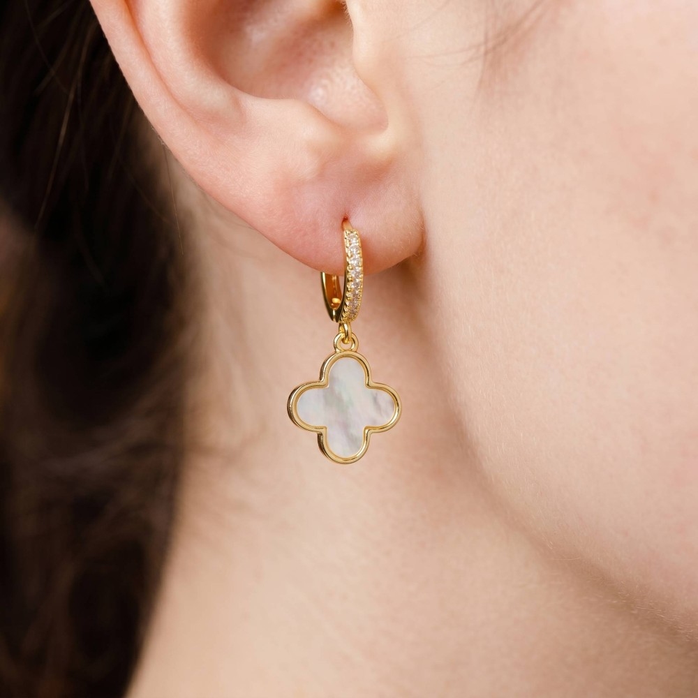 Gold Dipped Mother Of Pearl Quatrefoil Clover Huggie Hoop Earrings