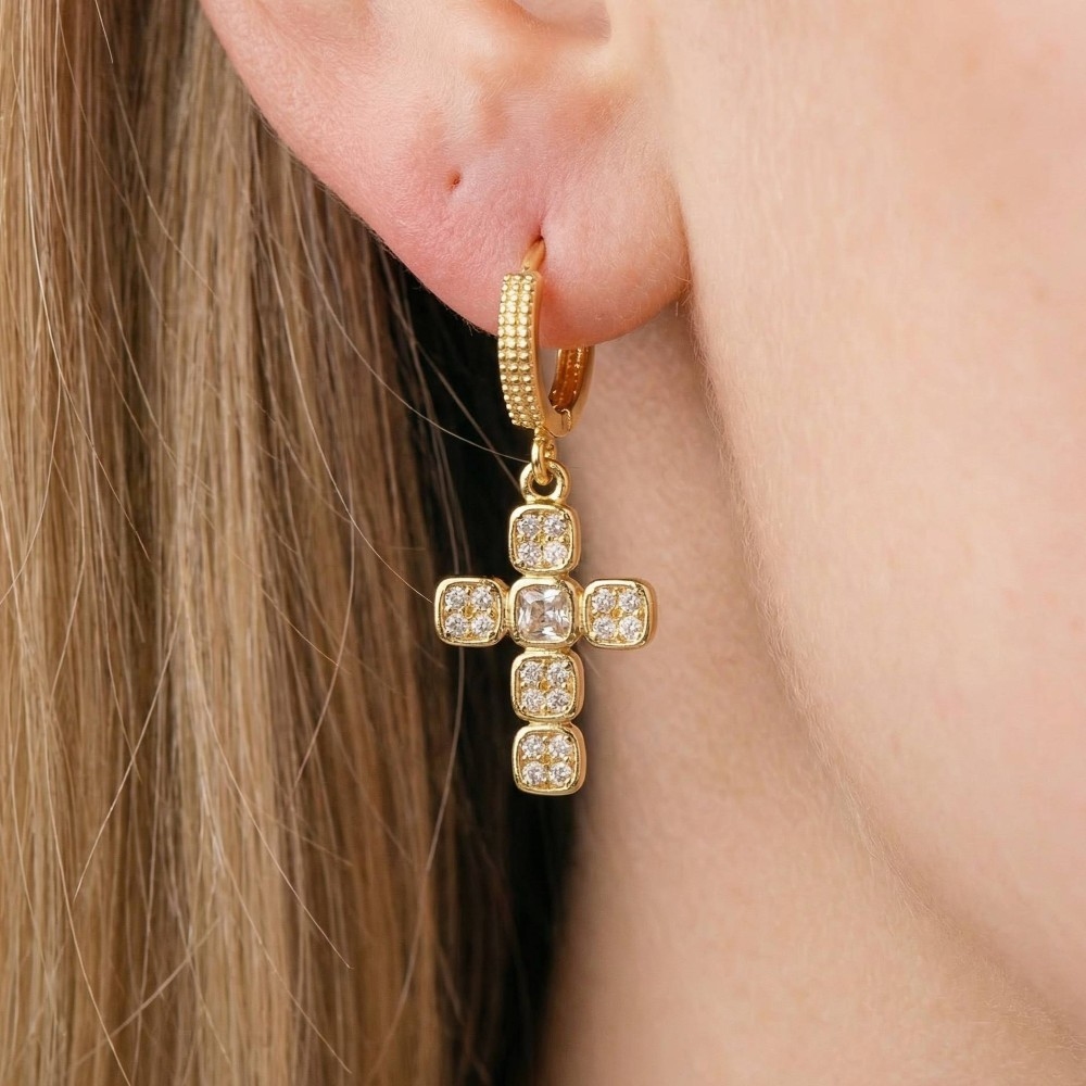 Secret Box Gold Dipped Cz Cross Charm Hoop Earrings