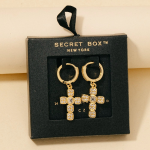 Secret Box Gold Dipped Cz Cross Charm Hoop Earrings