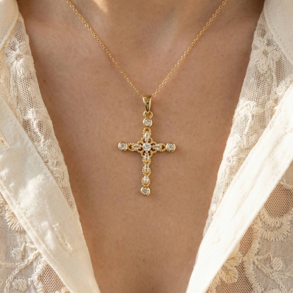 Gold Dipped Cz Intricate Cross Pendant Necklace