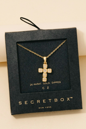 Gold Dipped Cz Pave Square Cross Pendant Necklace