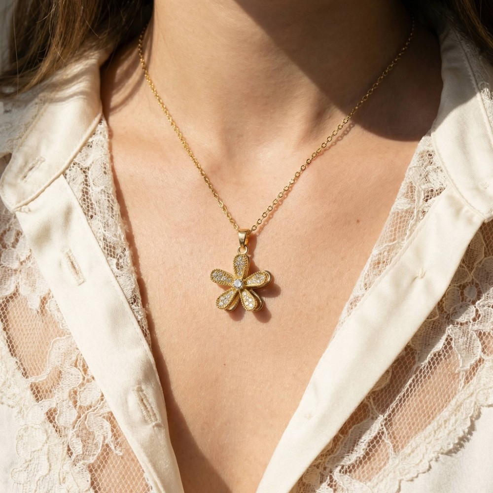 Gold Dipped Cz Cluster Flower Pendant Necklace