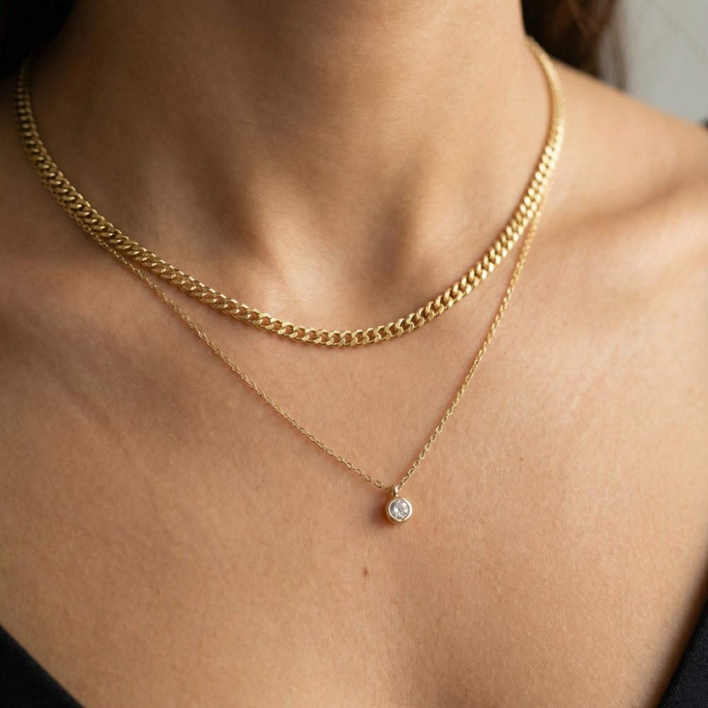 Secret Box Gold Dipped Layered Chain Cz Charm Necklace