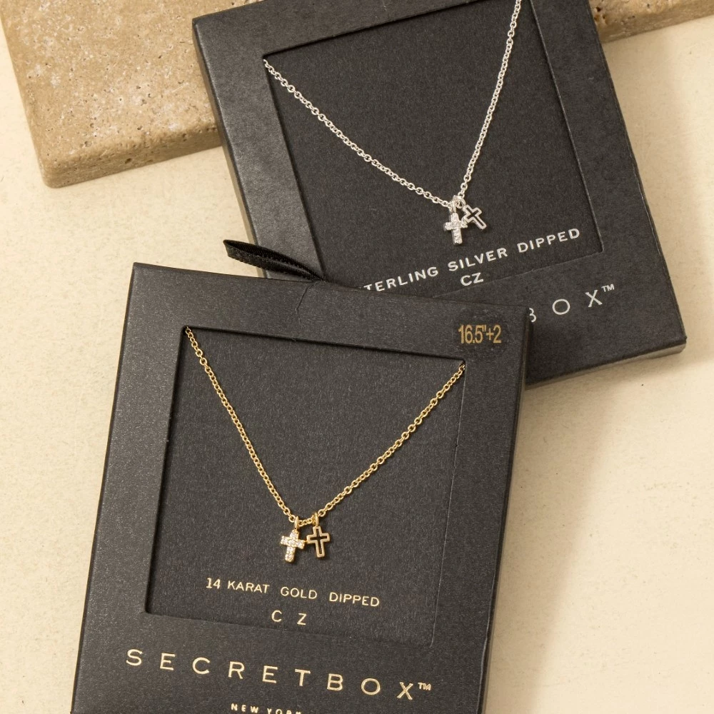 Secret Box Gold Dipped Cz Cross Pendant Necklace