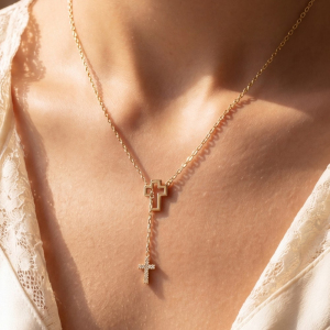 14K Gold Dipped Cz Double Cross Lariat Necklace