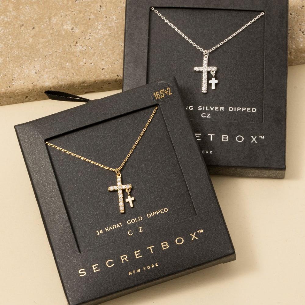 Secret Box Gold Dipped Cz Cross Pendant Necklace