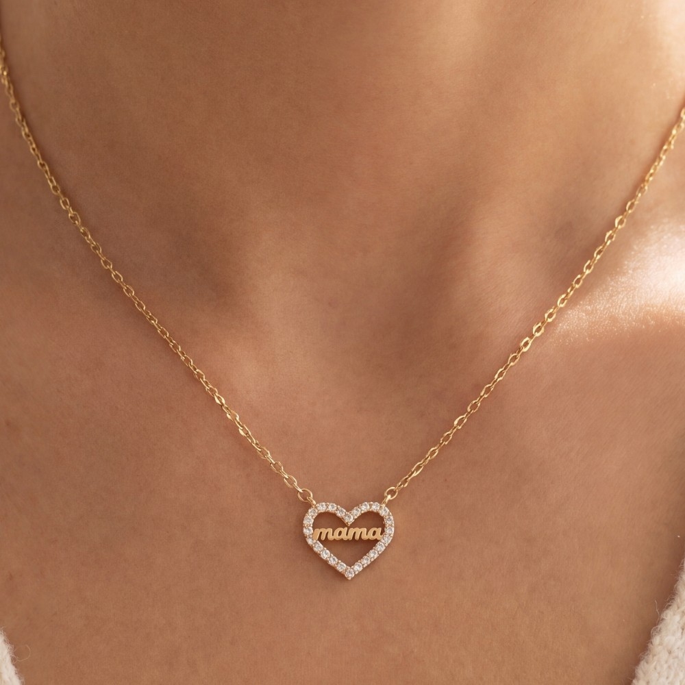 14K Gold Dipped Cz Mama Heart Necklace