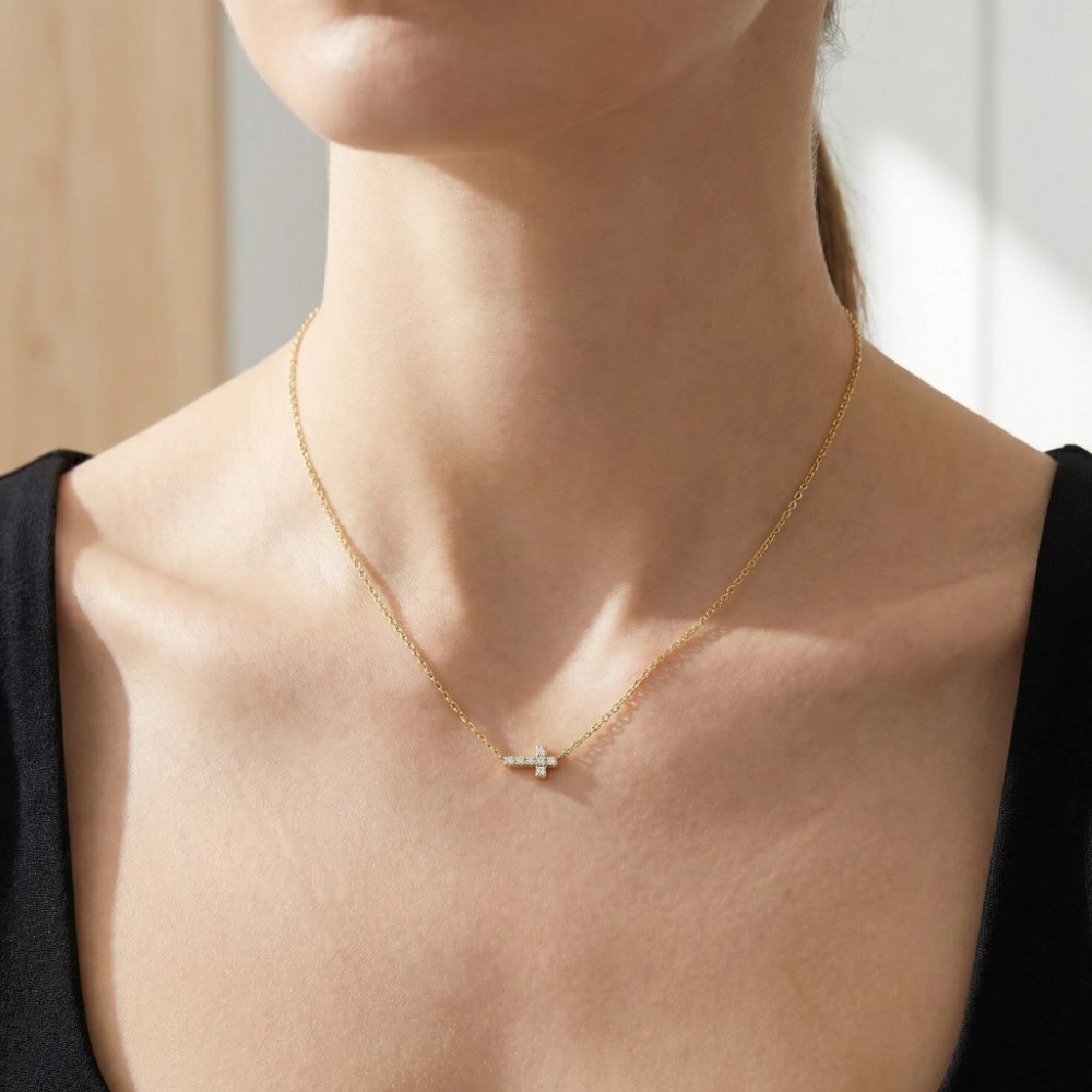 Secret Box Gold Dipped Cz Mini Cross Pendant Necklace