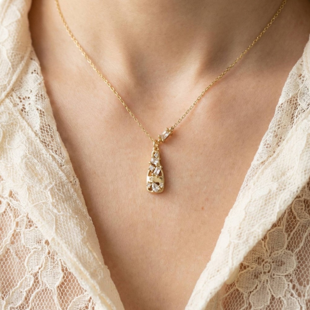 Secret Box Gold Dipped Cz Champagne Pendant Necklace