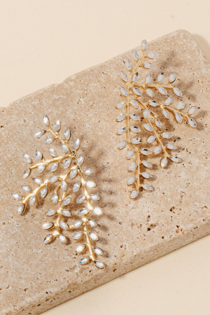 Large Rhinestone Leaf Branch Stud Drop Earrings