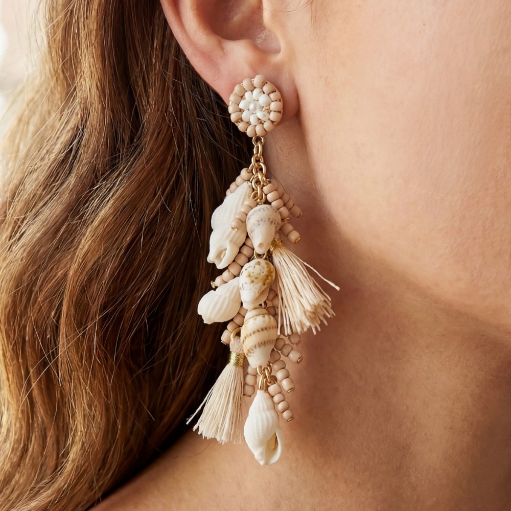 Tiered Sea Shells Beads Tassels Stud Dangle Earrings