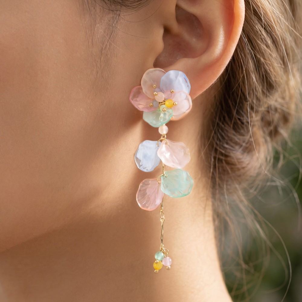 Tiered Colorful Acrylic Flower Petals Dangle Earrings