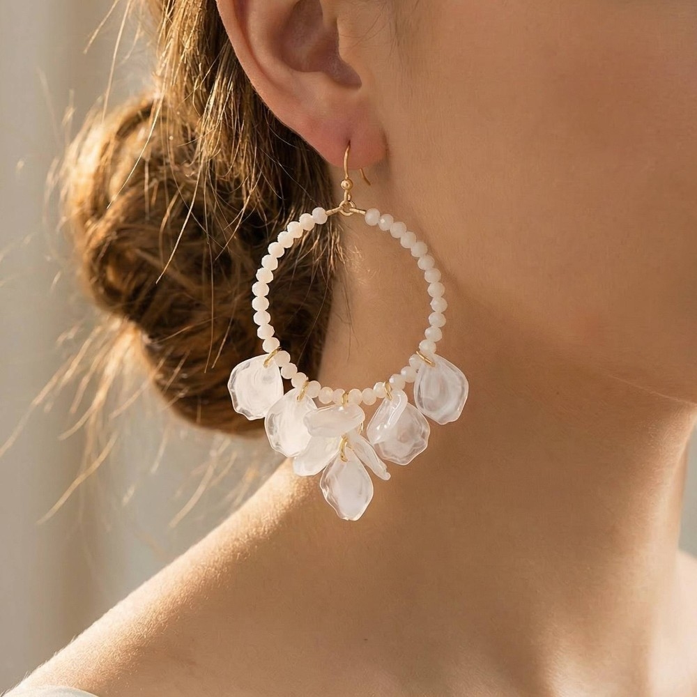 Acrylic Petals Faceted Beaded Dangle Hoop Earrings
