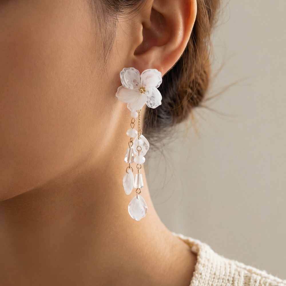 White Resin Flower & Bead Drop Earrings