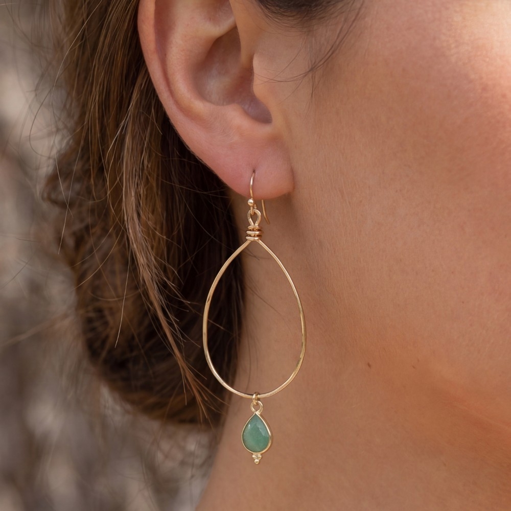 Large Gold Teardrop Hoop Earrings With Stone Drop