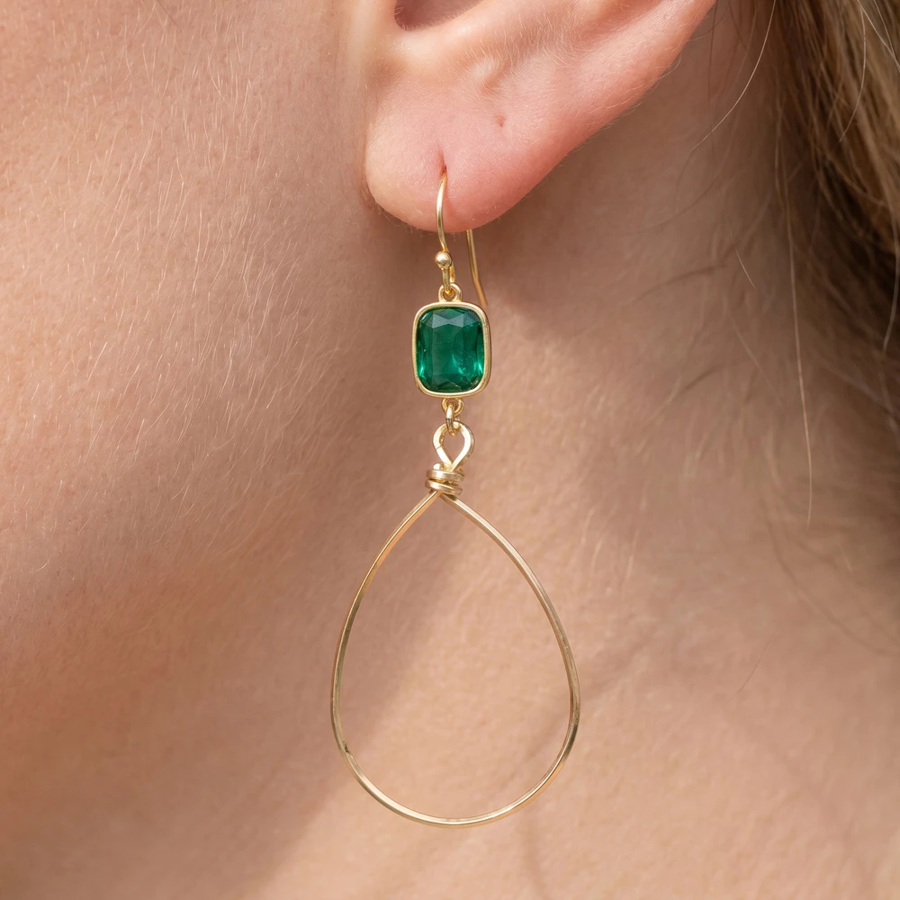 Glass Stone Bezel Square Top Teardrop Earrings
