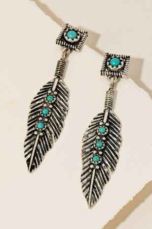 Turquoise Stone Studded Feather Dangle Earrings