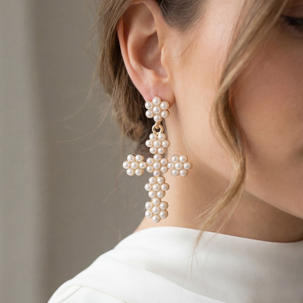 Pearl Beaded Cross Drop Earrings