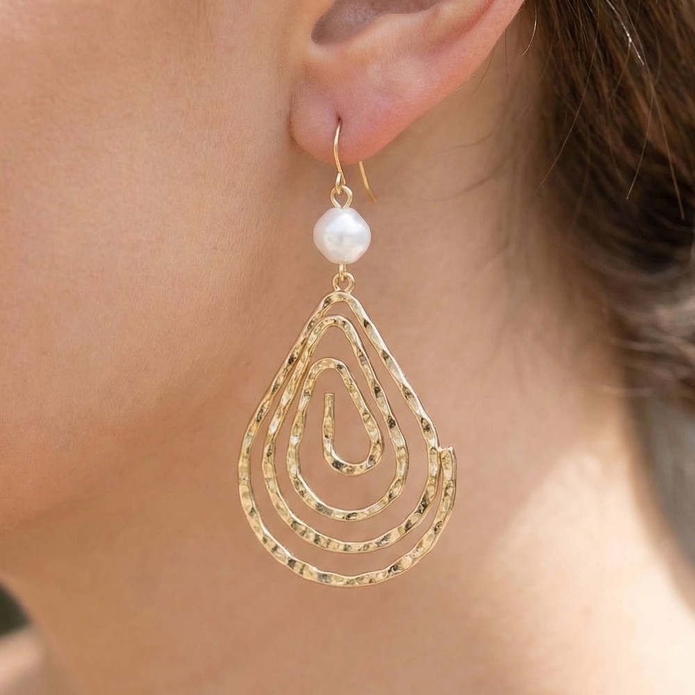 Pearl Bead Spiral Hammered Tear Dangle Earrings