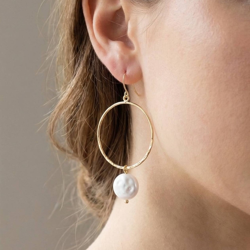 Pearl Bead Hoop Dangle Earrings