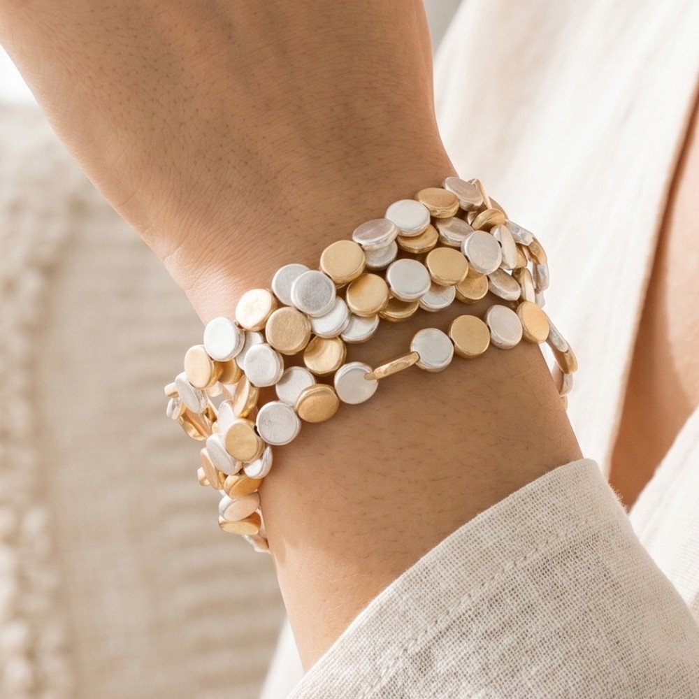 Two-Tone Hammered Flat Disc Stretch Bracelet Set