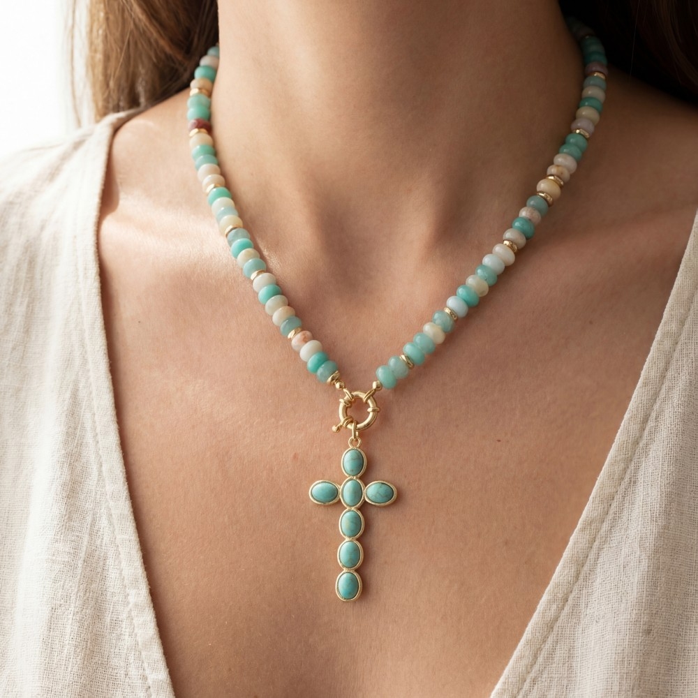 Semi Precious Stone Cross Pendant Necklace