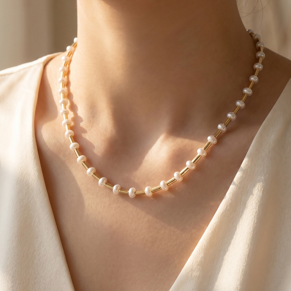 Pearl And Gold Tube Bead Station Necklace