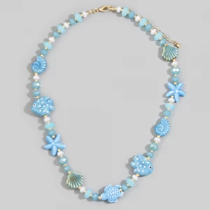 Ceramic Sea Life Charm And Pearl Beaded Necklace