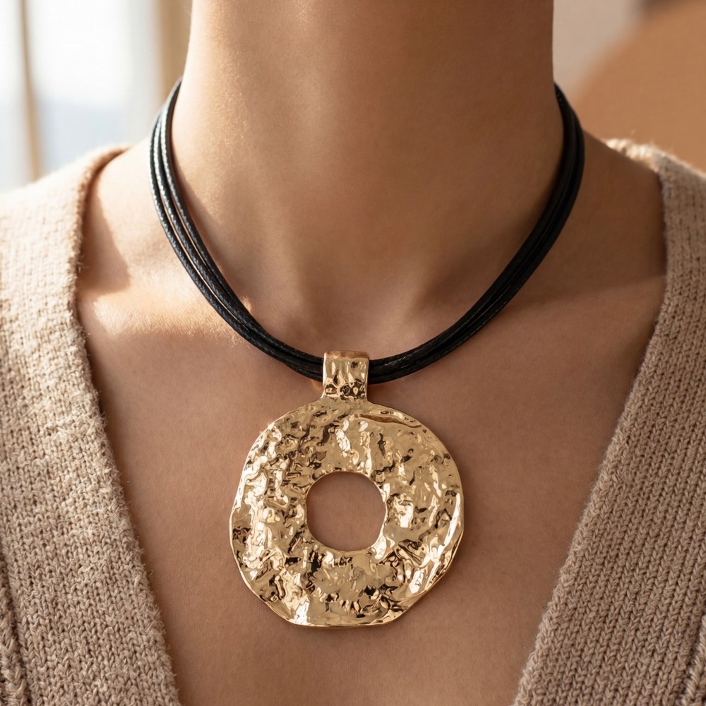 Hammered Circle Pendant Layered Cord Necklace