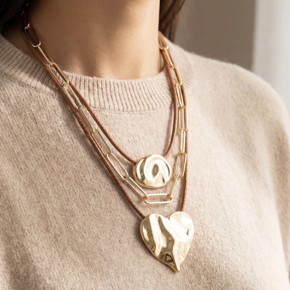 Three Layered Large Heart Pendant Necklace