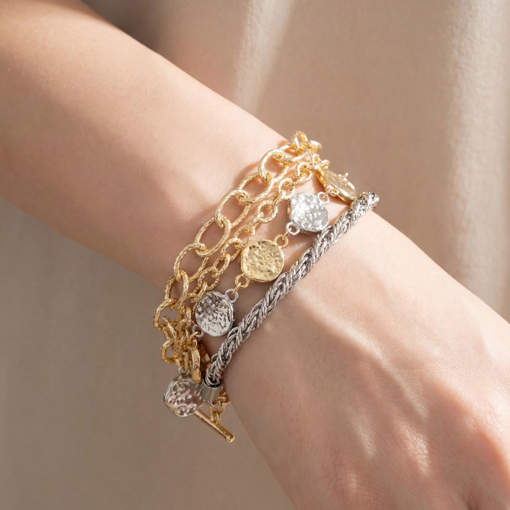 Hammered Coin Charms Layered Chains Bracelet