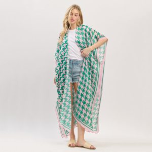 Long Houndstooth Print Open Kimono